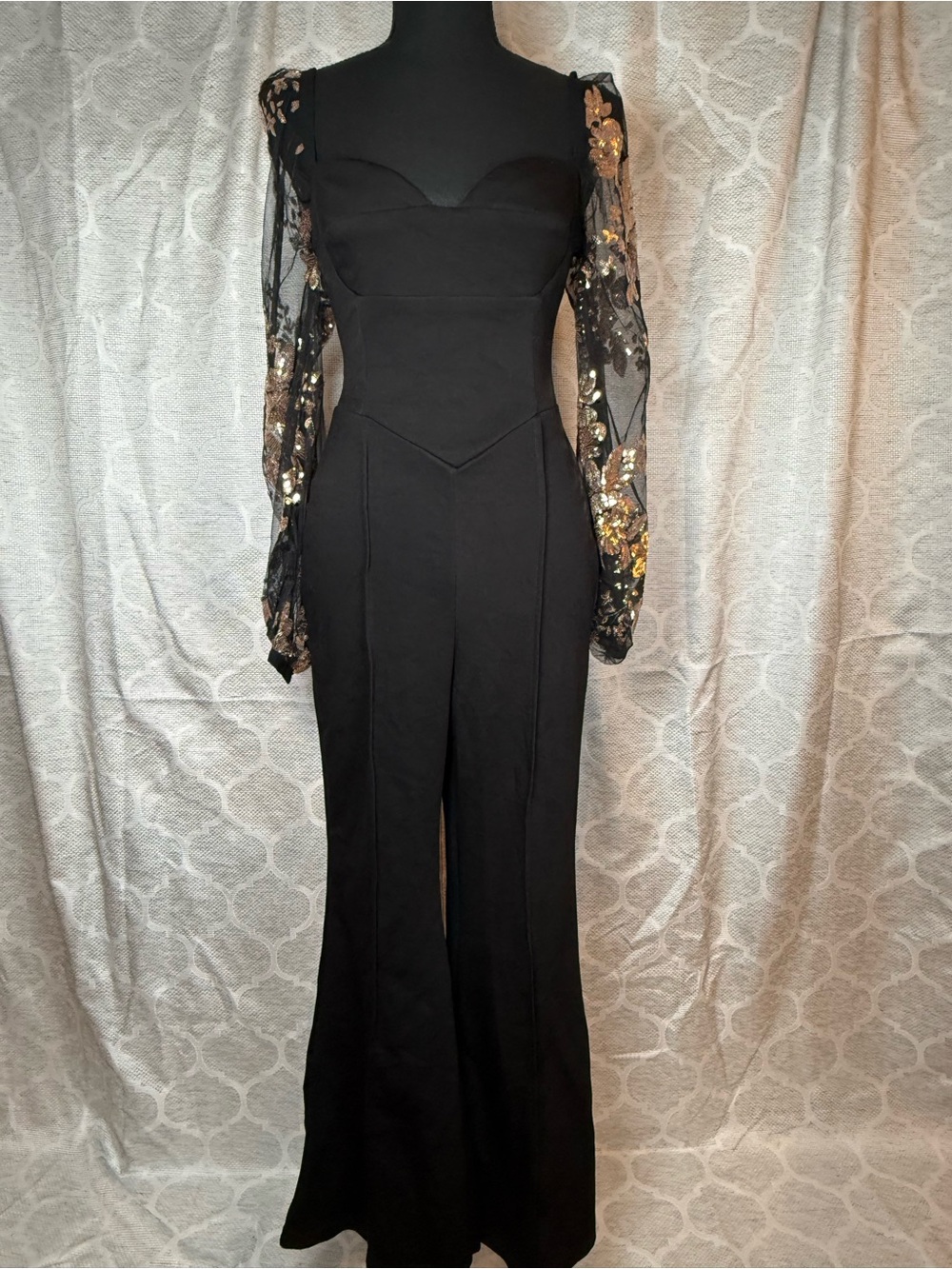 Chicme Black Long-Sleeve Sequin Mesh Sleeve Jumpsuit